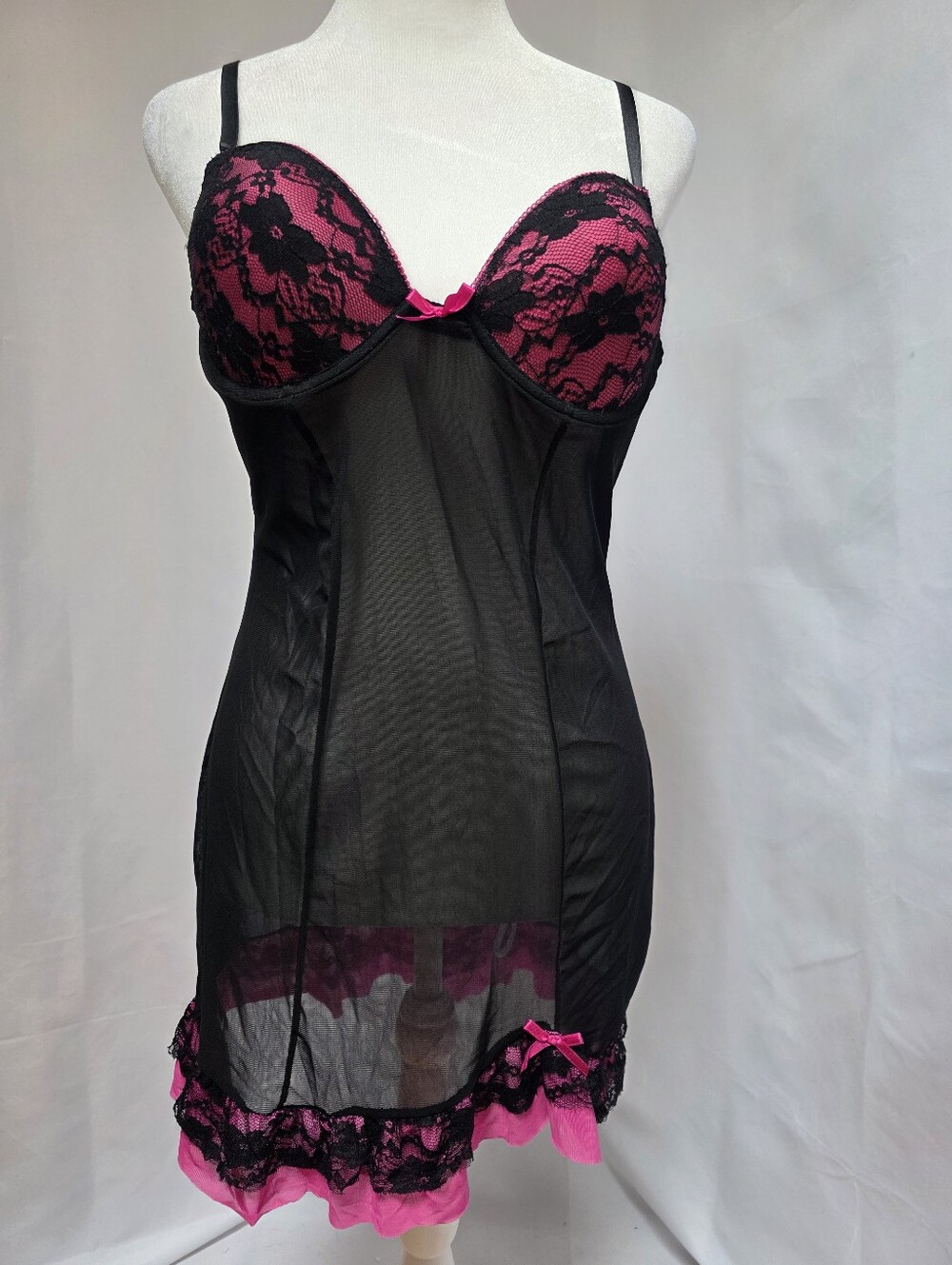 Black Pink Sheer Mesh Babydoll Chemise Lace Underwire Ruffle Lingerie